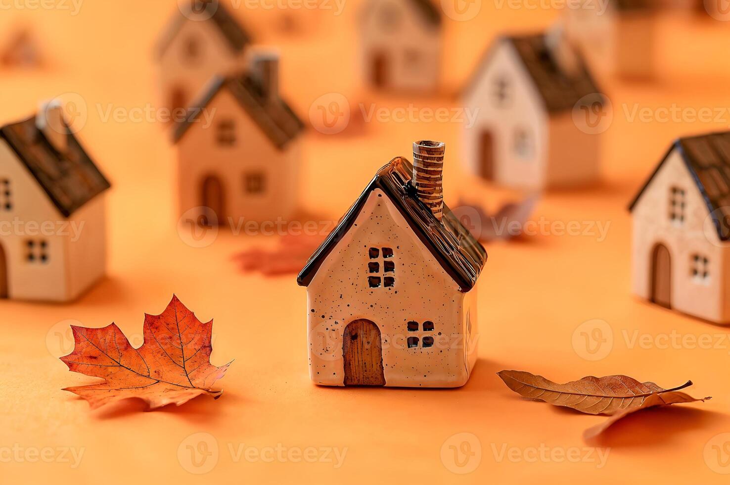Miniature ceramic houses and autumn leaves creating a cozy fall atmosphere photo