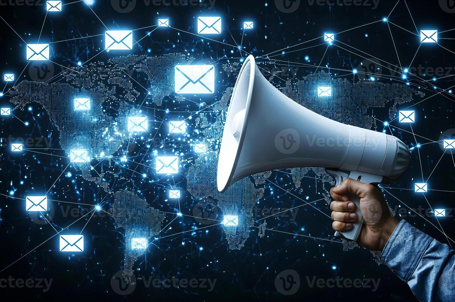 Businessman holding megaphone promoting global email marketing campaign photo