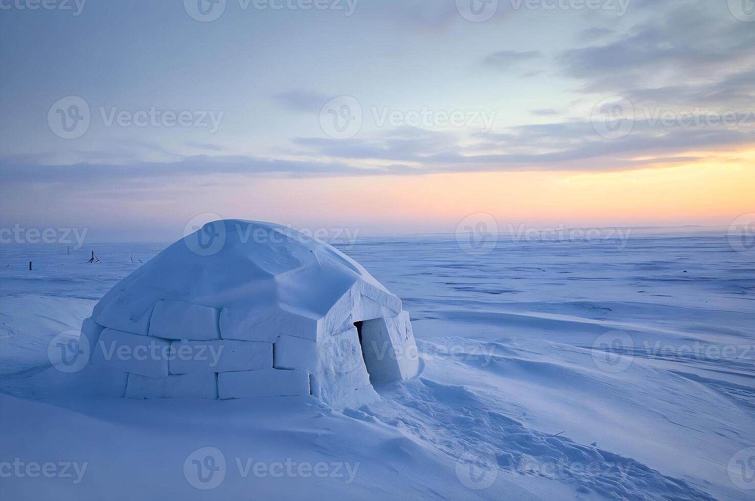 Igloo standing on snowy landscape at sunset in arctic environment photo