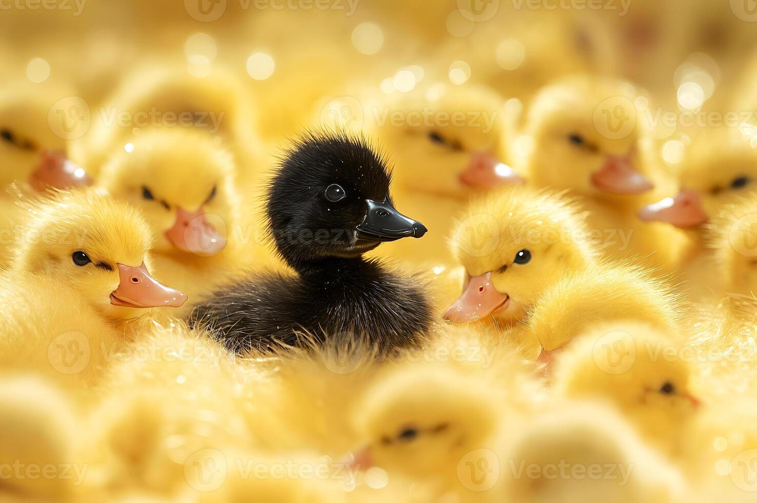 Unique black duckling among yellow companions photo