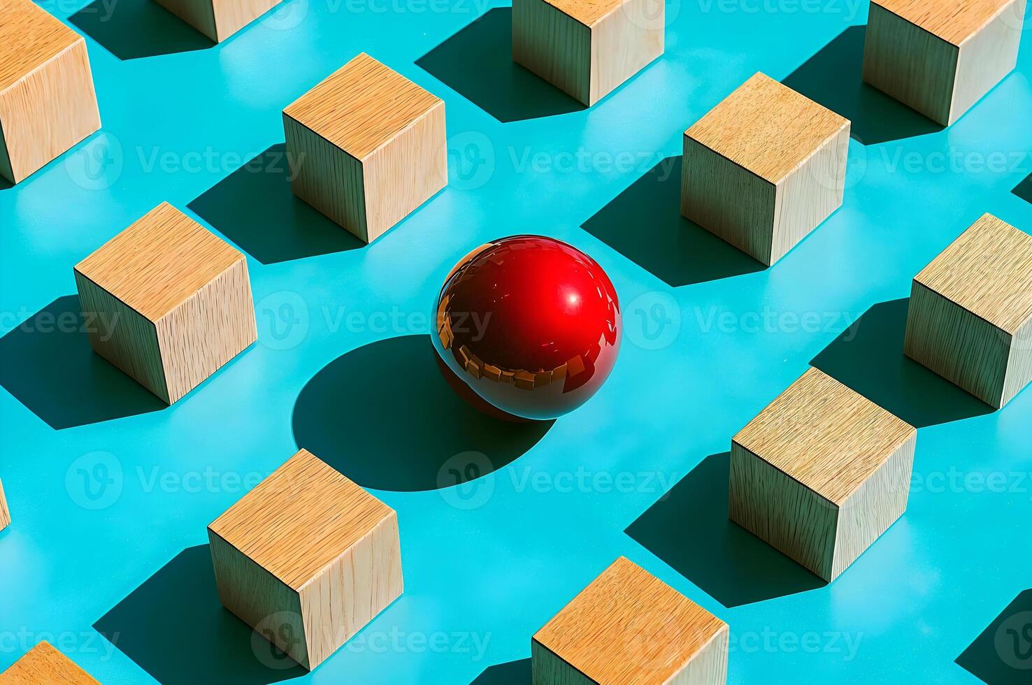 Red sphere standing out from wooden cubes on turquoise background photo