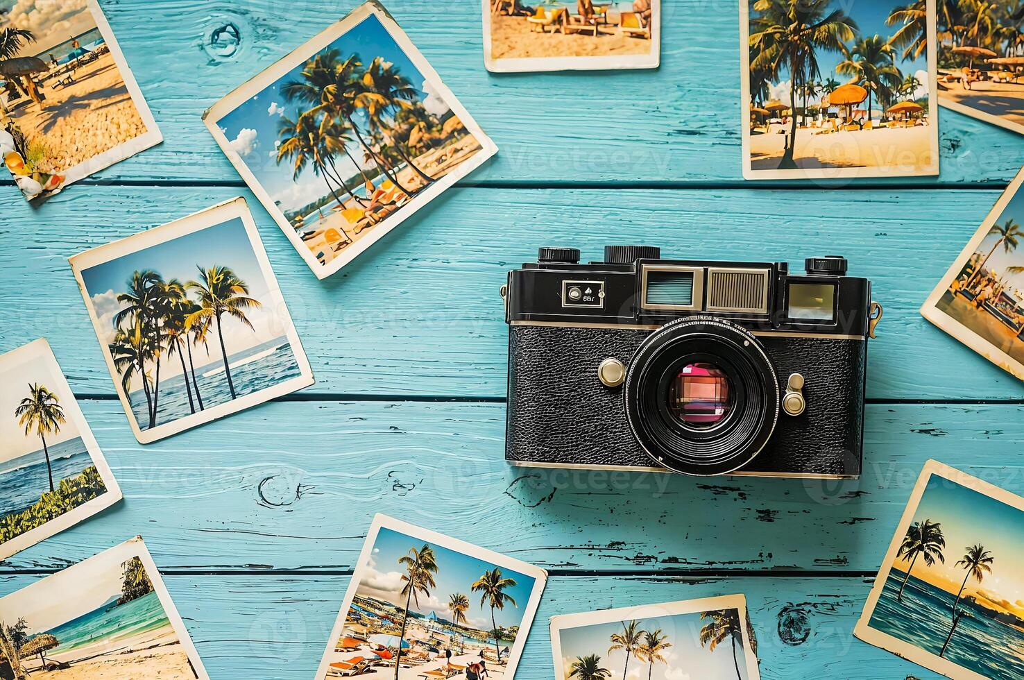 Vintage camera lying on light blue table surrounded by beach photos