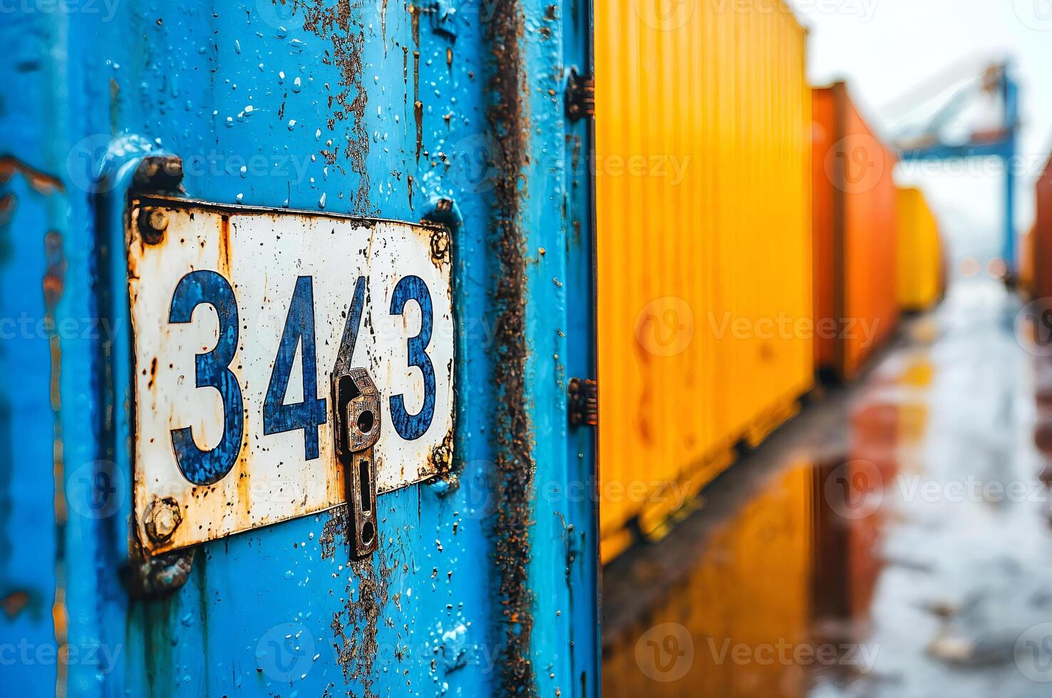 Rusty blue shipping container with number 343 and padlock in a port terminal photo