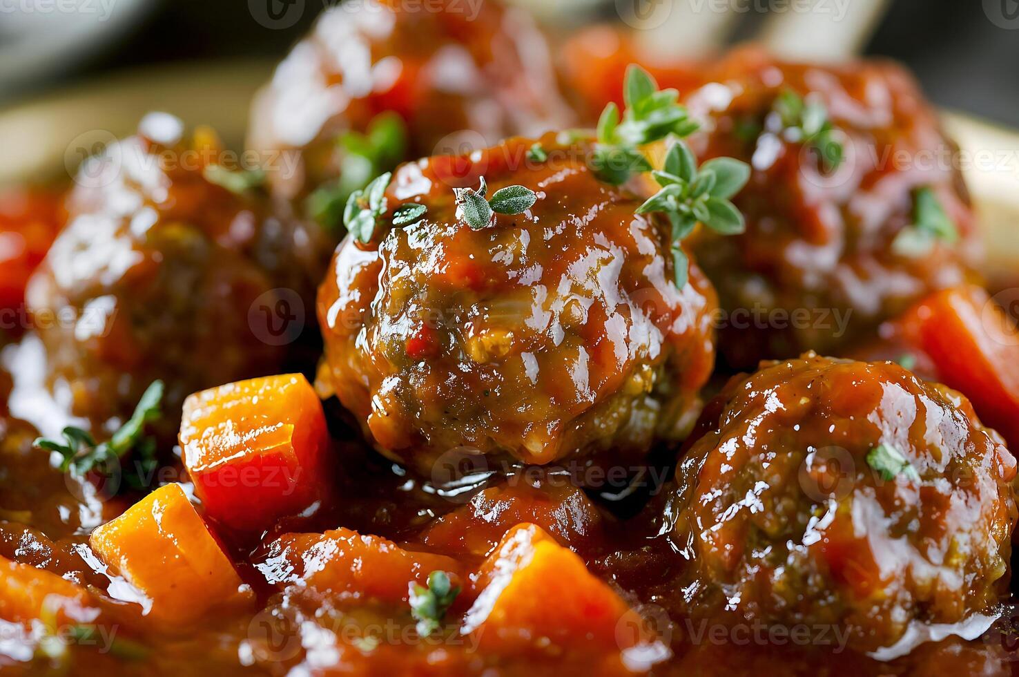 Delicious meatballs with tomato sauce and thyme resting in pan photo