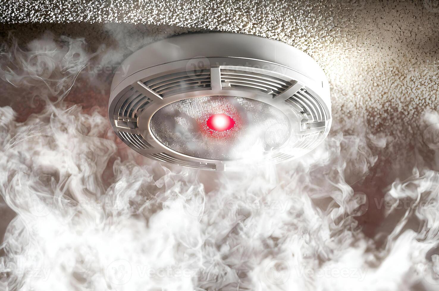 Smoke detector sensing smoke and flashing red alert light photo