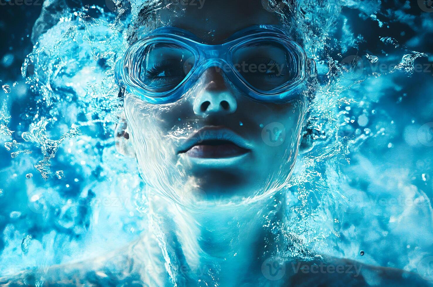 Swimmer woman wearing goggles underwater with splashing water around her face photo