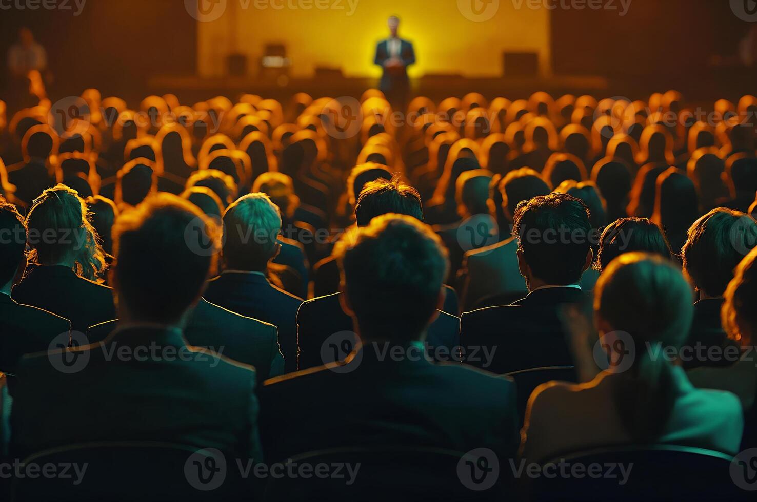 Audience listening to speaker giving presentation at corporate business conference photo