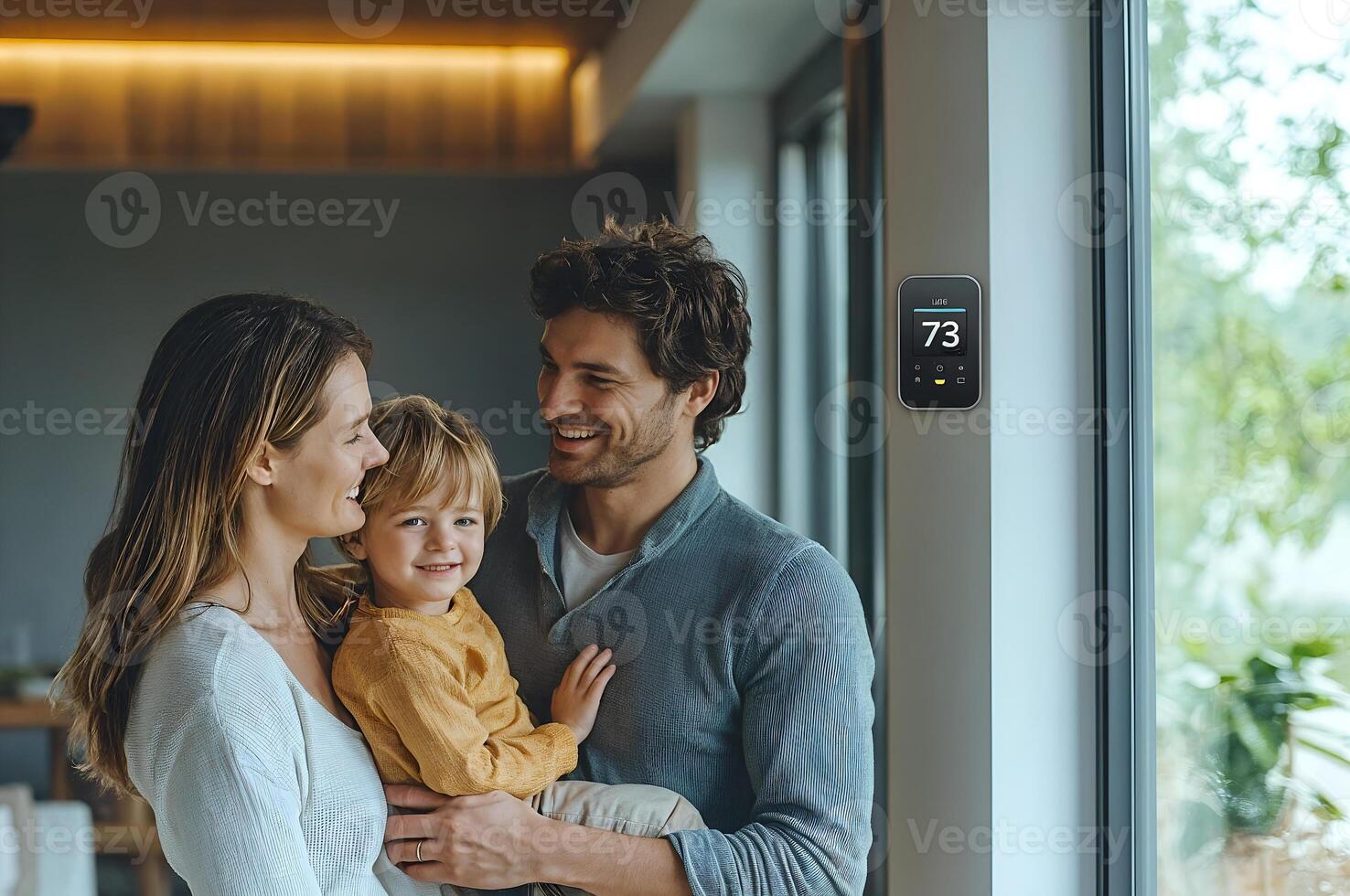 Happy family enjoying comfortable temperature at home with smart thermostat photo