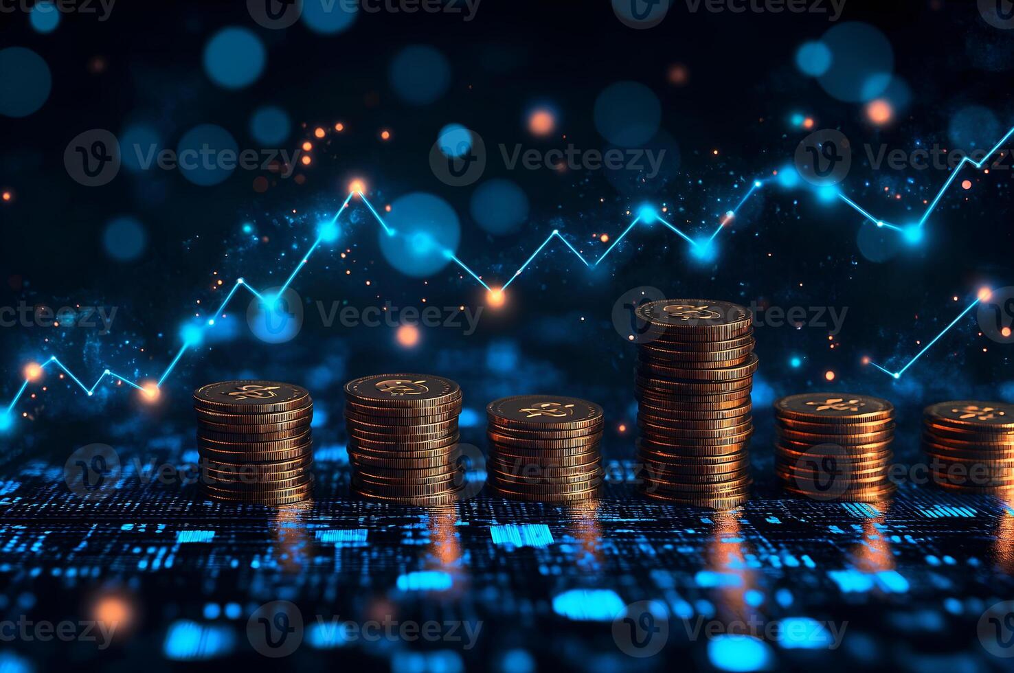 Stacks of coins representing increasing profit in a futuristic digital environment photo