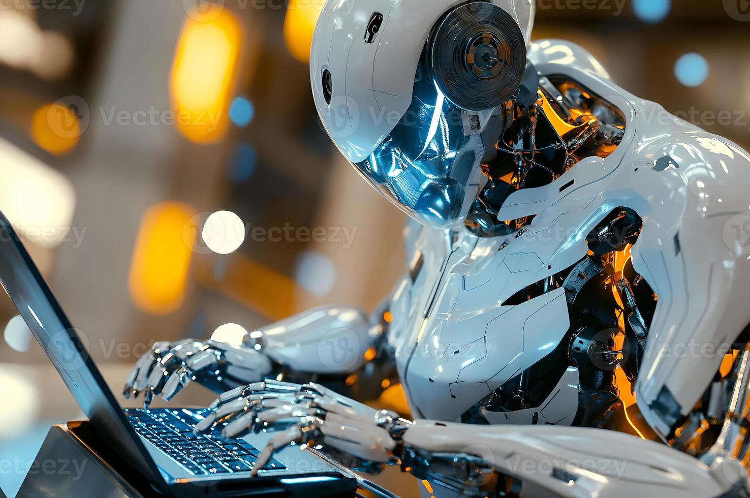 Futuristic robot working on laptop in high tech environment photo