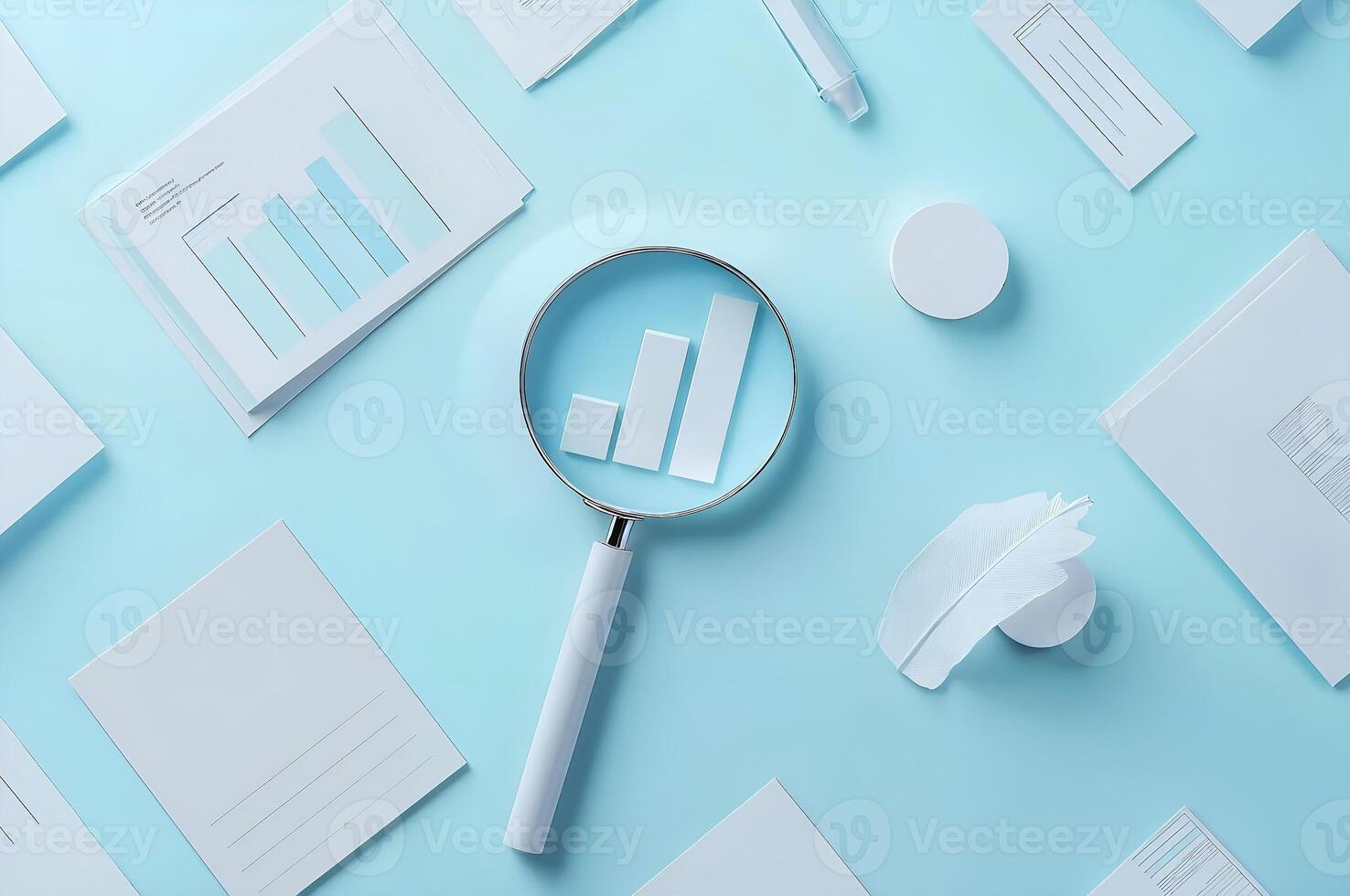 Analyzing data trends with magnifying glass on blue background photo