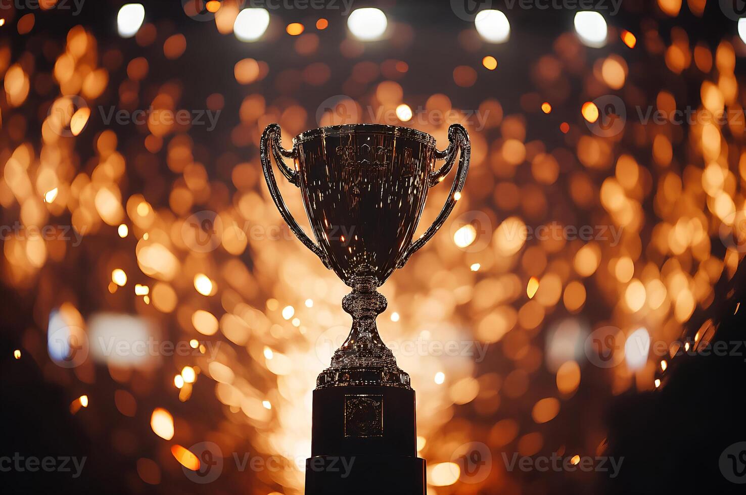 Golden trophy shining on stage with fireworks celebrating victory photo