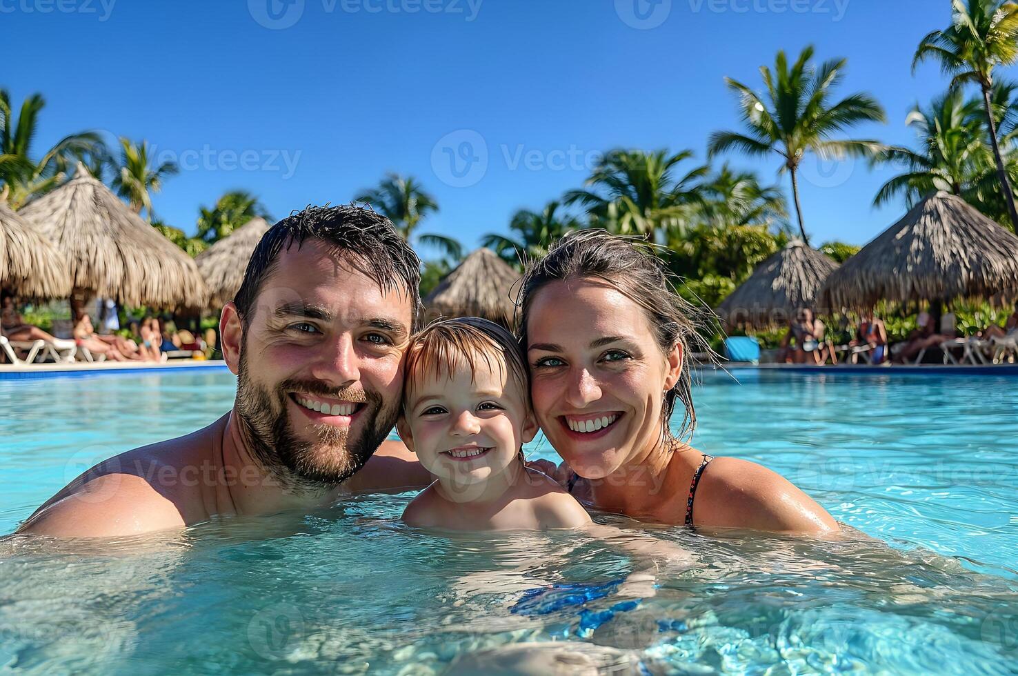 Happy family enjoying swimming pool in tropical resort photo
