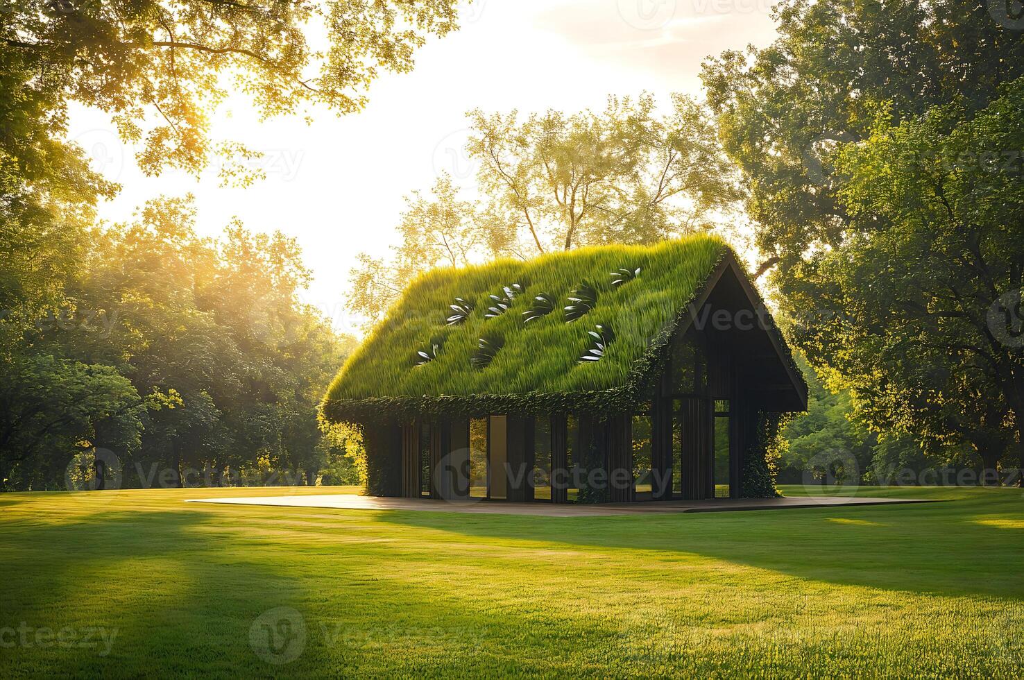 Modern green building with grass roof in sustainable eco friendly environment photo