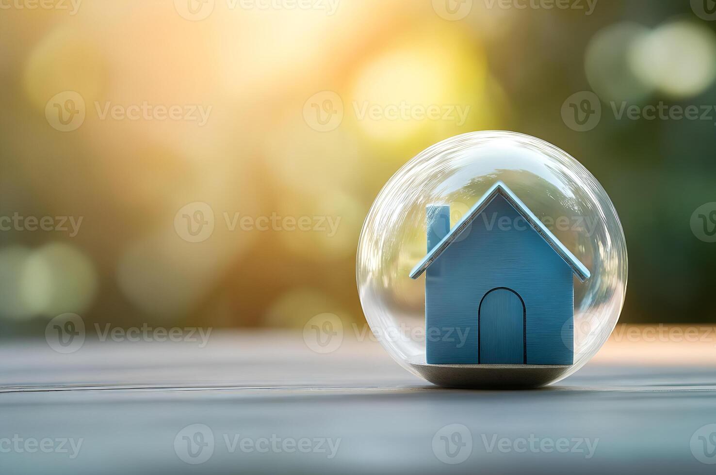 Protecting house inside glass bubble representing saving and investment concept photo