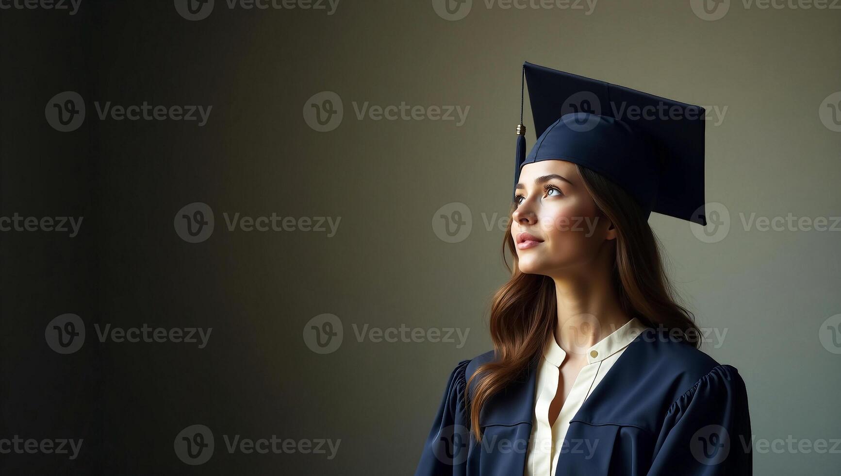 Confident Female Graduate in Cap and Gown Looking Upward with Optimism photo