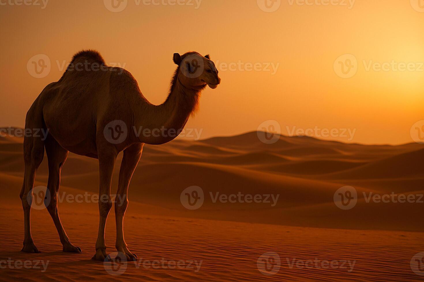 Desert Camel at Sunset Majestic Dune Scene in Golden Light photo