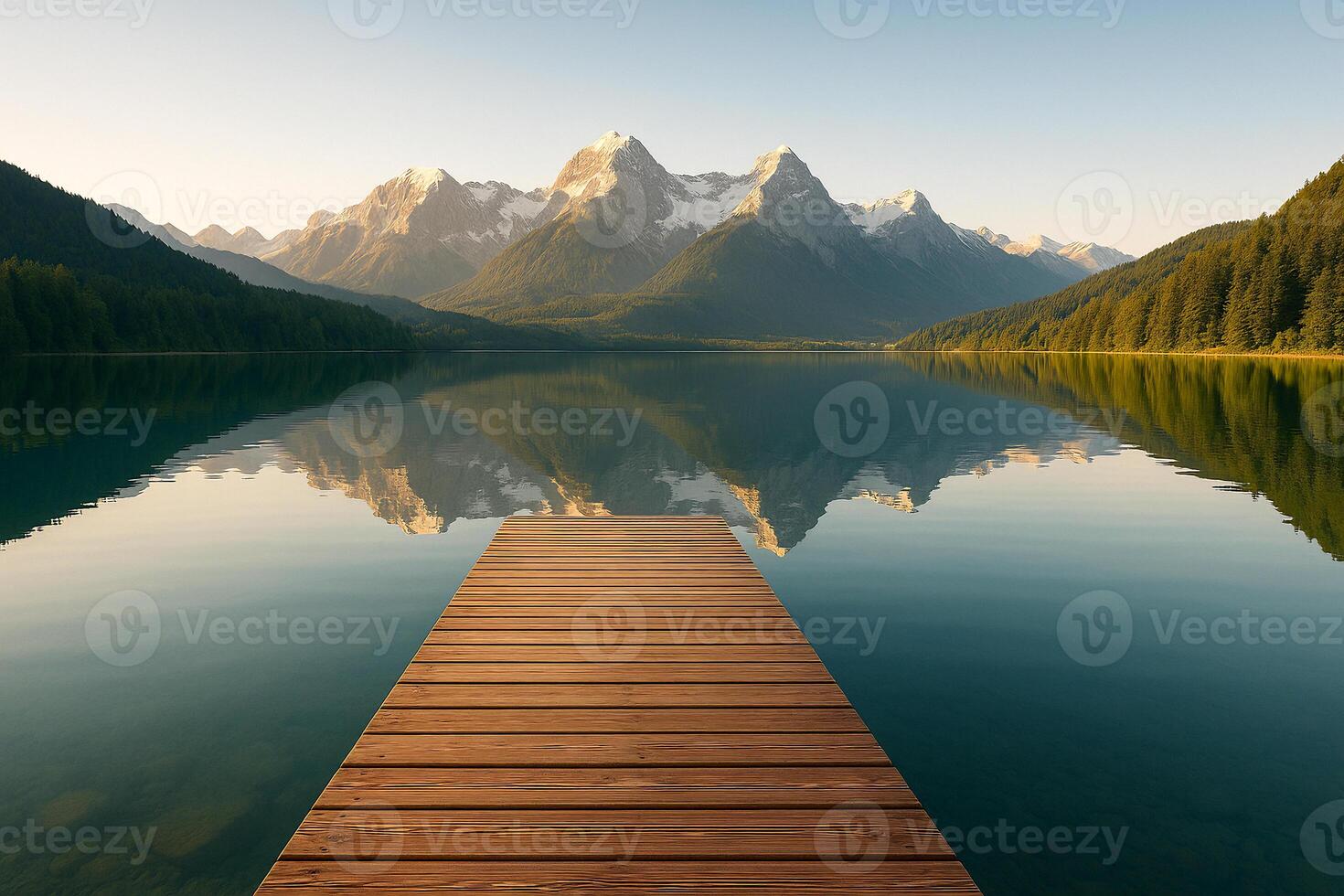 a wooden dock view extends into the water near mountains photo