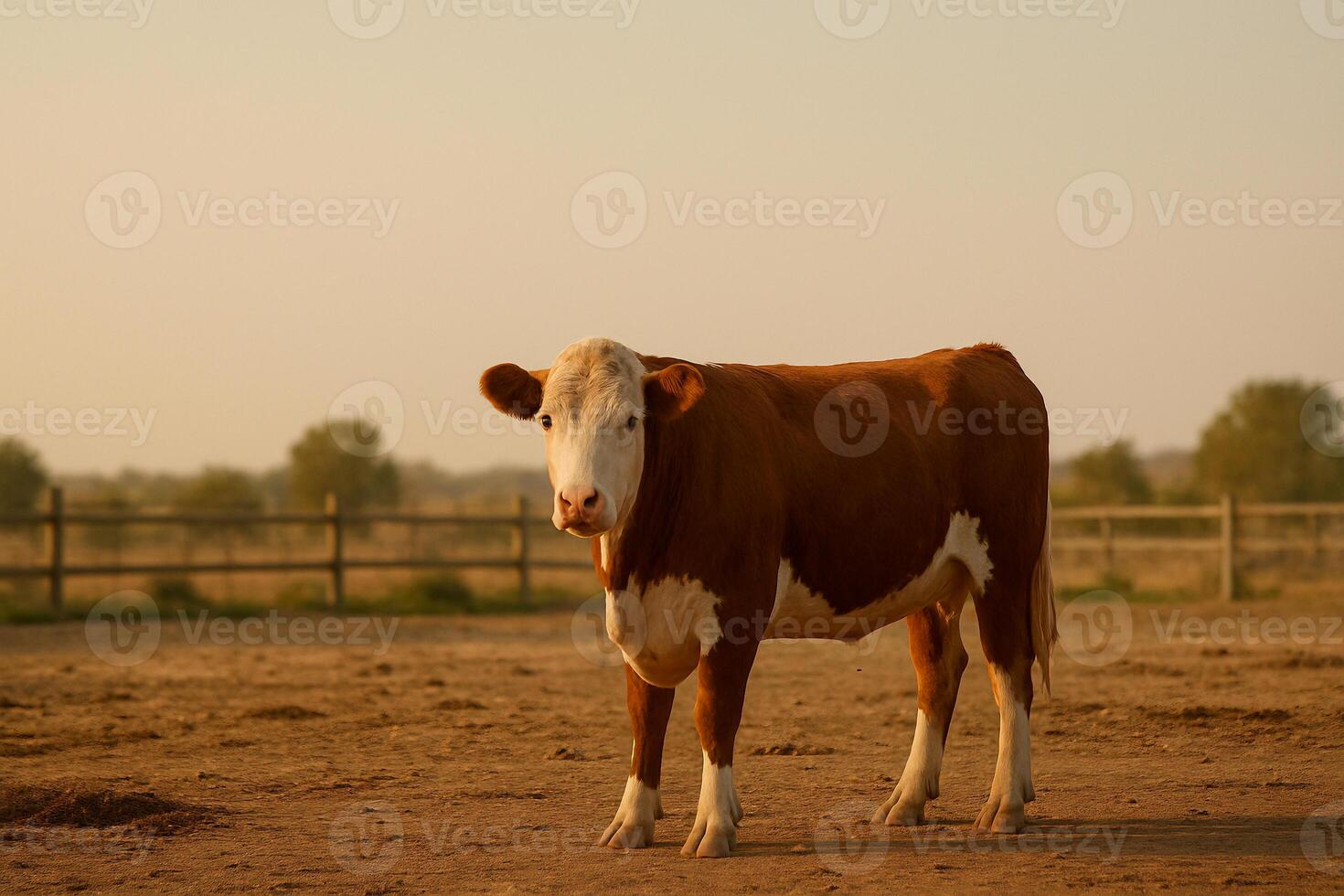 a cow standing in a dirt field photo