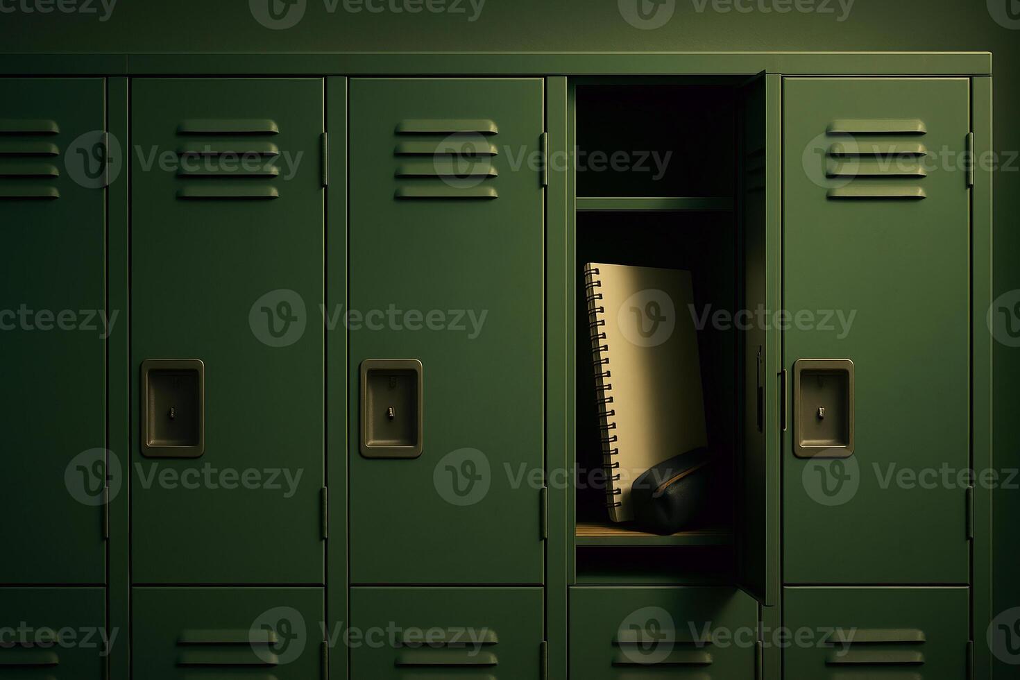 a locker with a notebook and a pencil inside photo