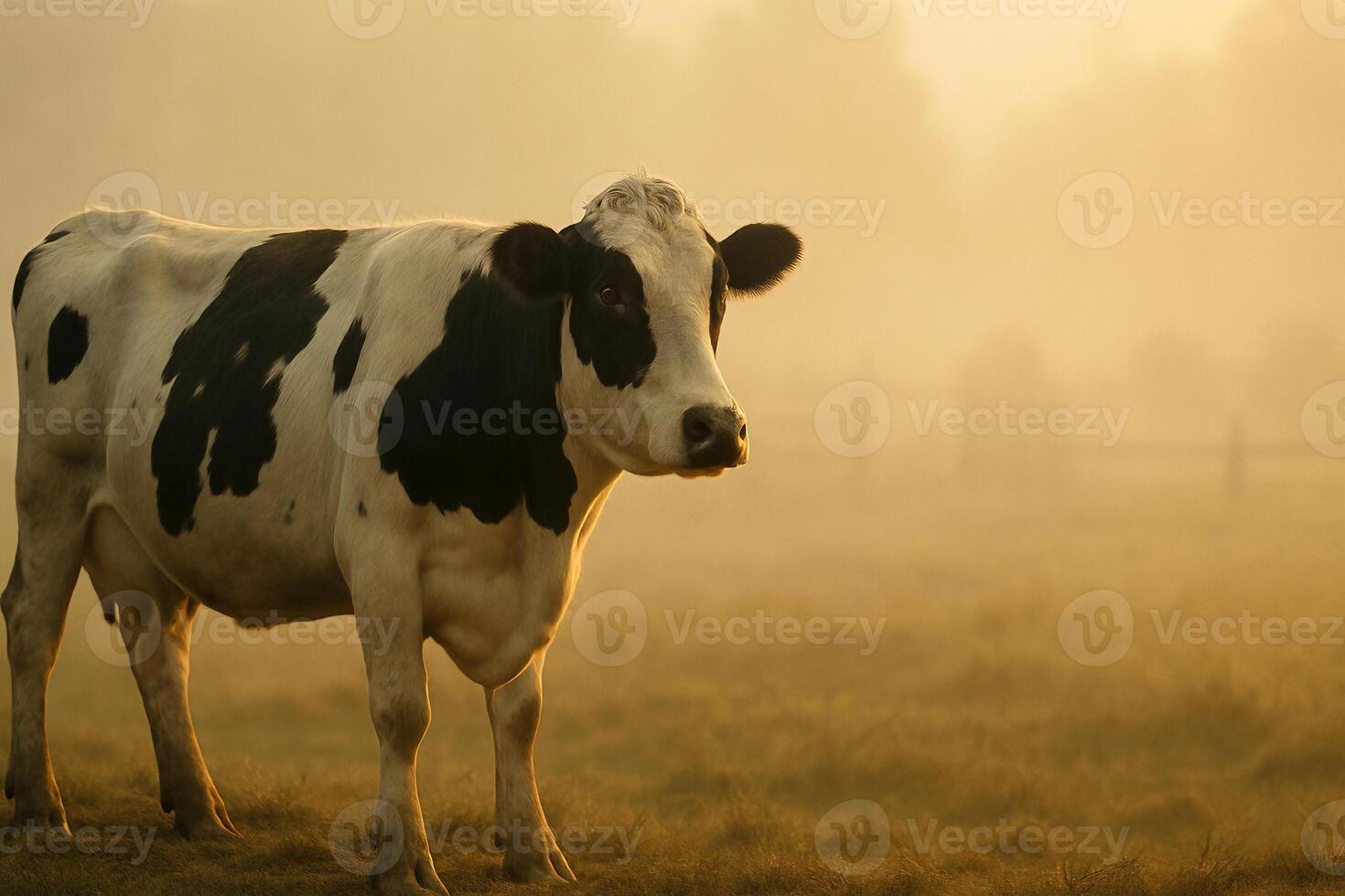 a cow standing in a field with fog in the background photo
