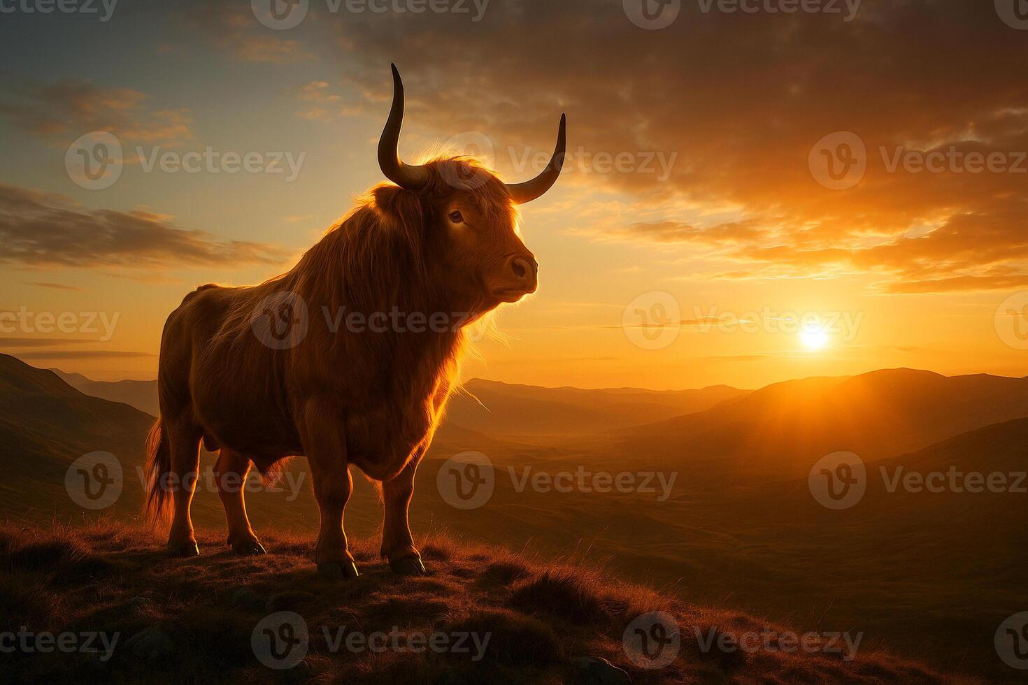 a red bull standing on a hill at sunset photo