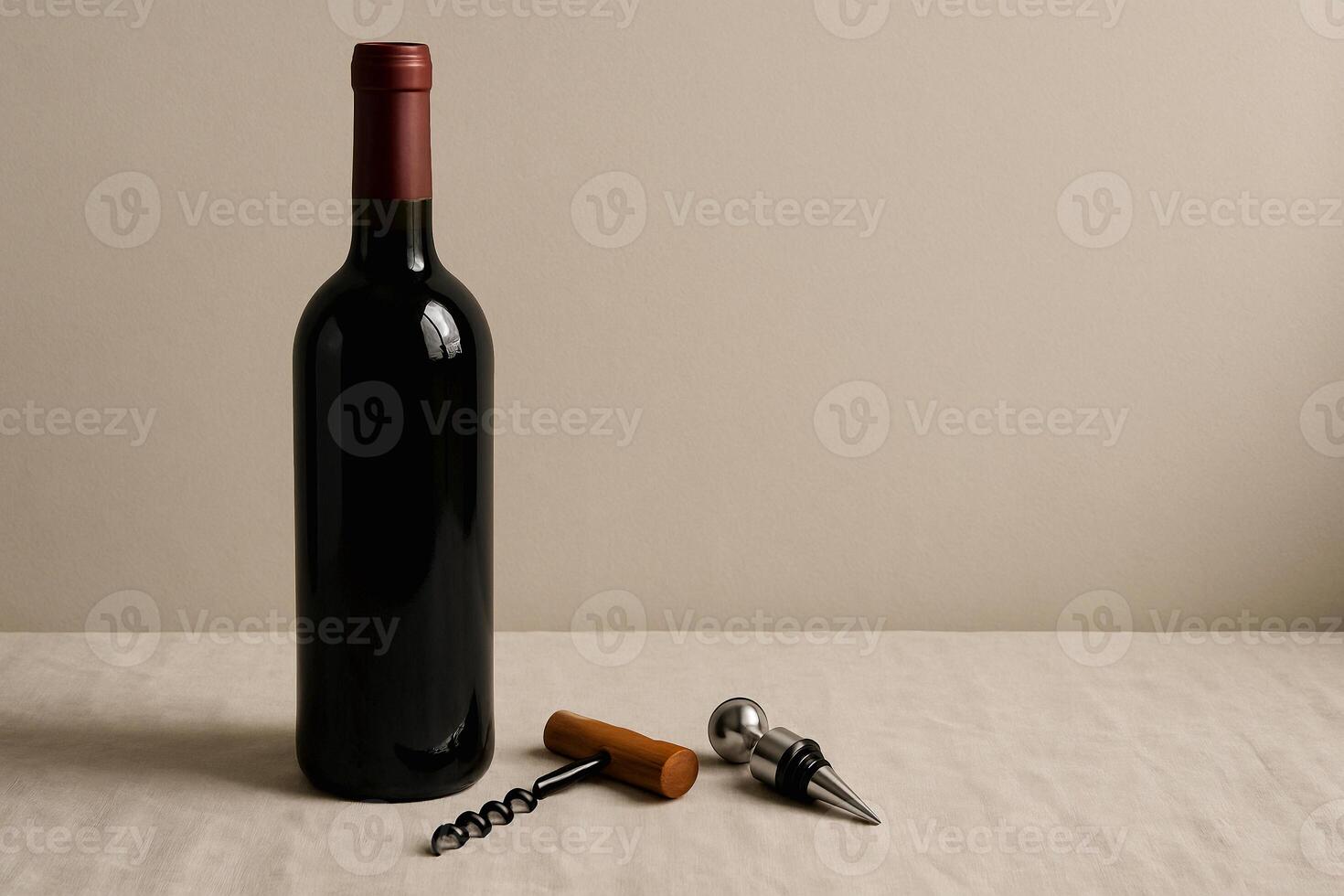Elegant Red Wine Bottle with Corkscrew and Stopper on Neutral Table photo