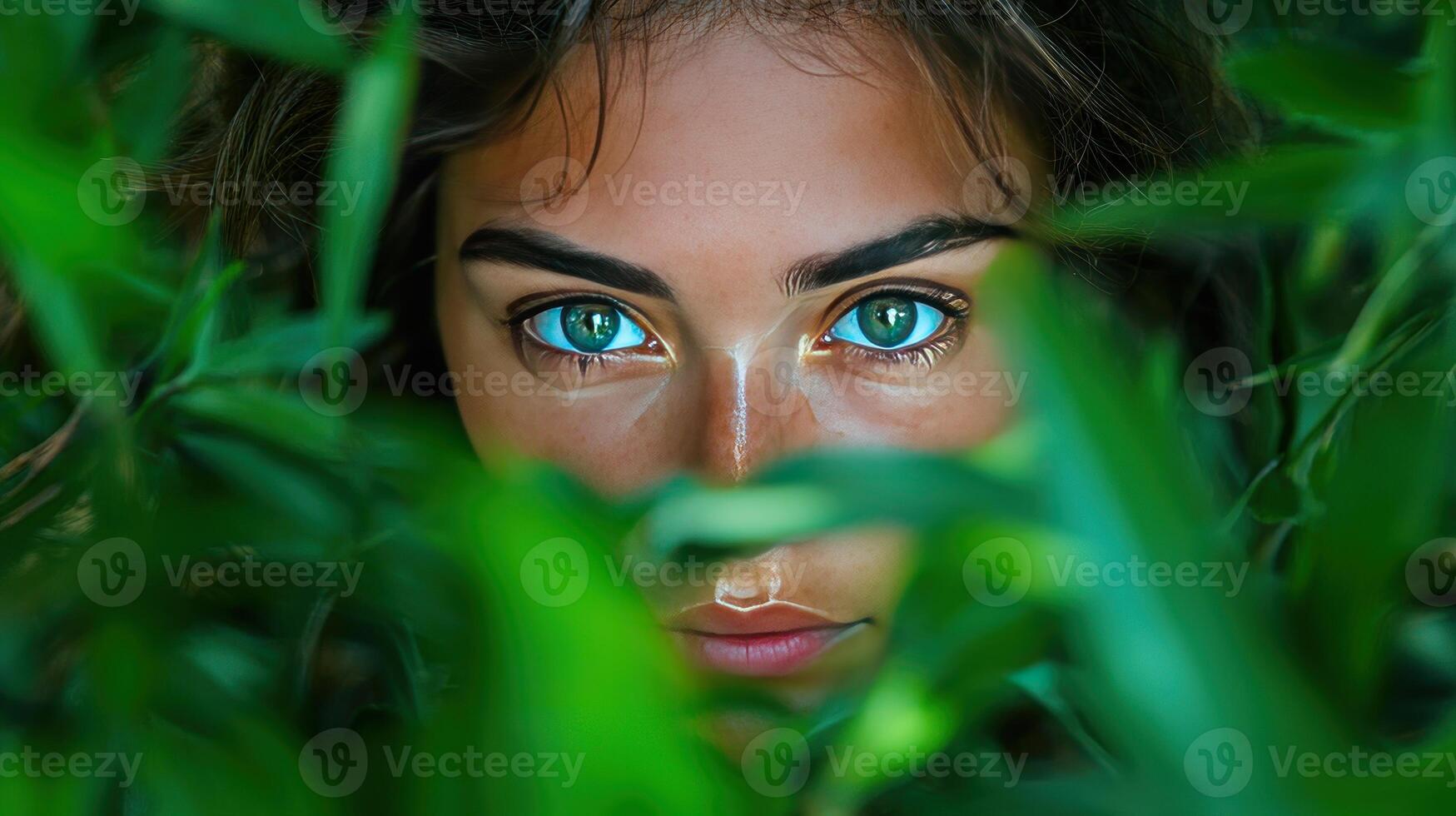 A woman with blue eyes peeking out from the grass photo