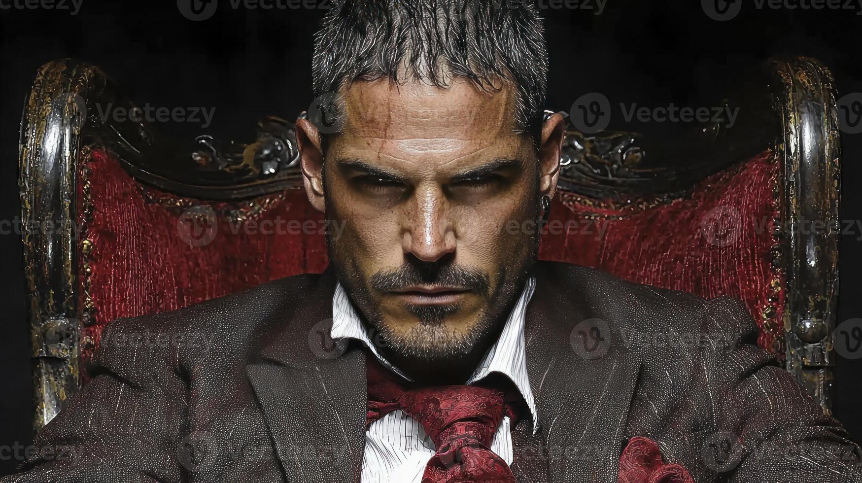 A man in a suit and tie sitting in a chair photo