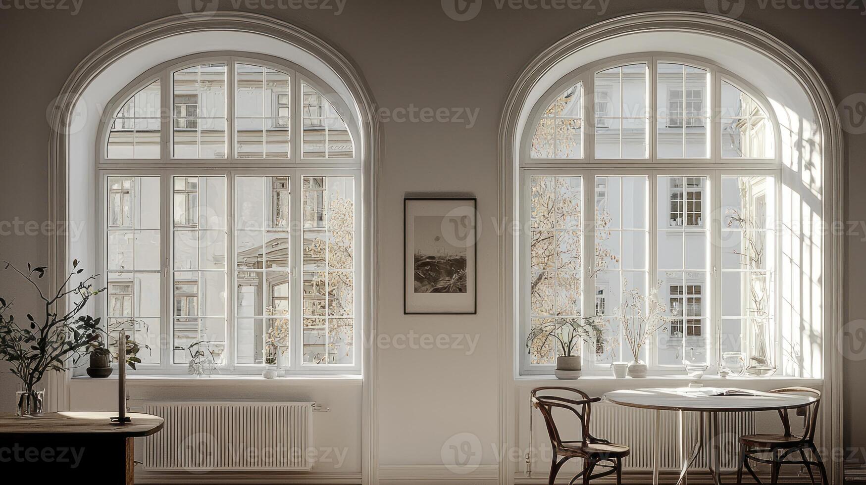 A room with two windows and a table photo
