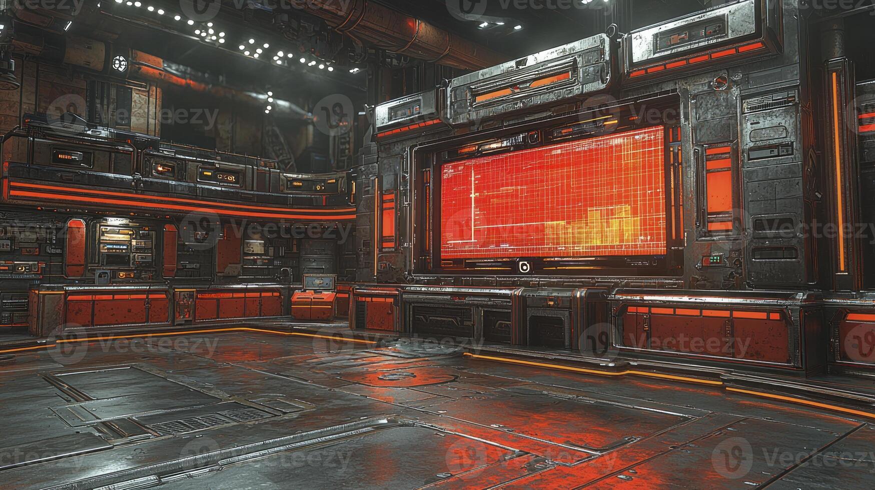 A futuristic room with red lighting and a large screen photo