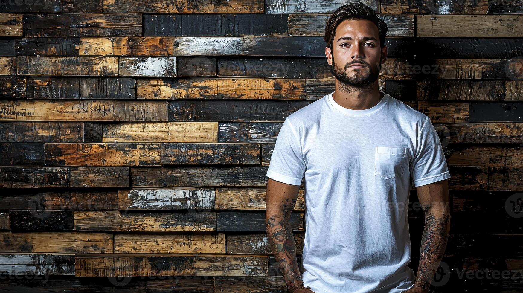 A man with tattoos standing in front of a wall photo
