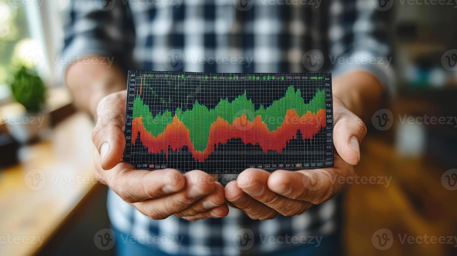 A man holding a chart with a red, green and blue graph photo