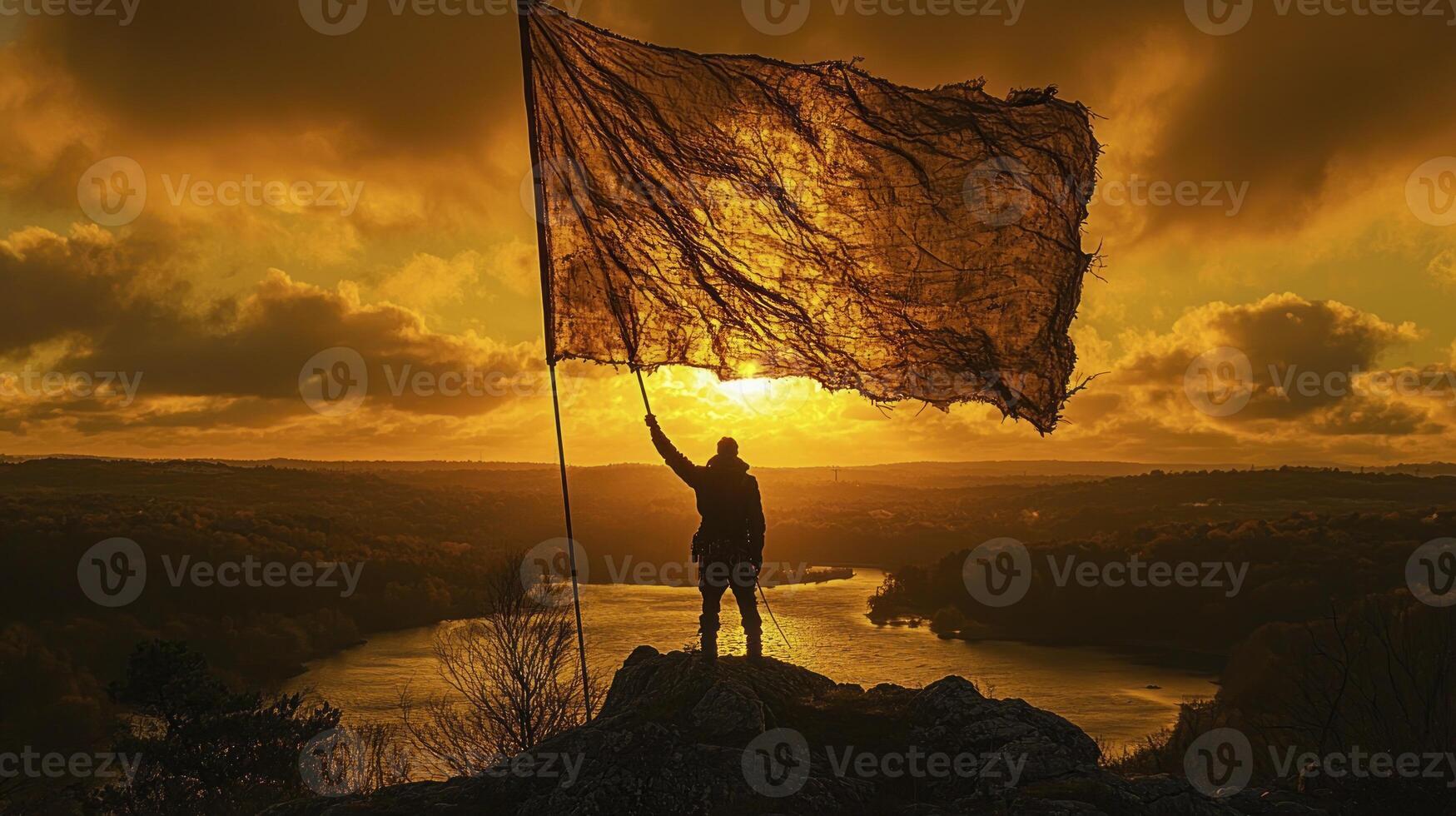 A man holding a large flag on top of a mountain photo