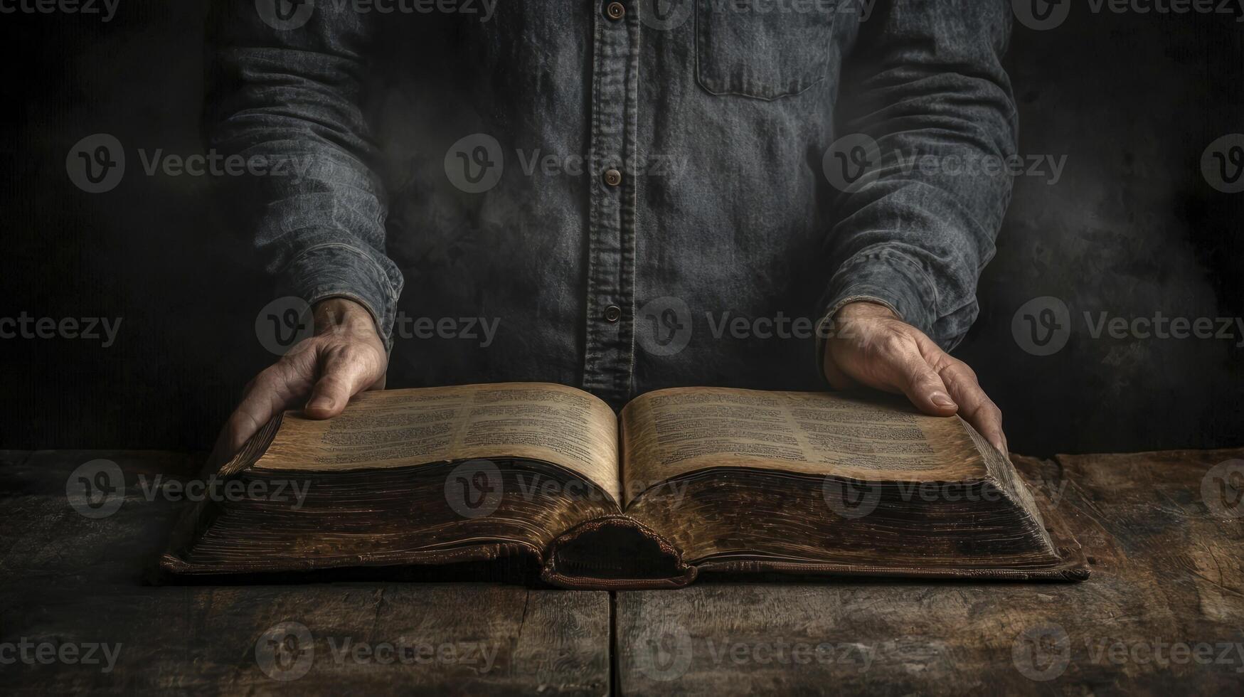 A man holding an open bible on a table photo