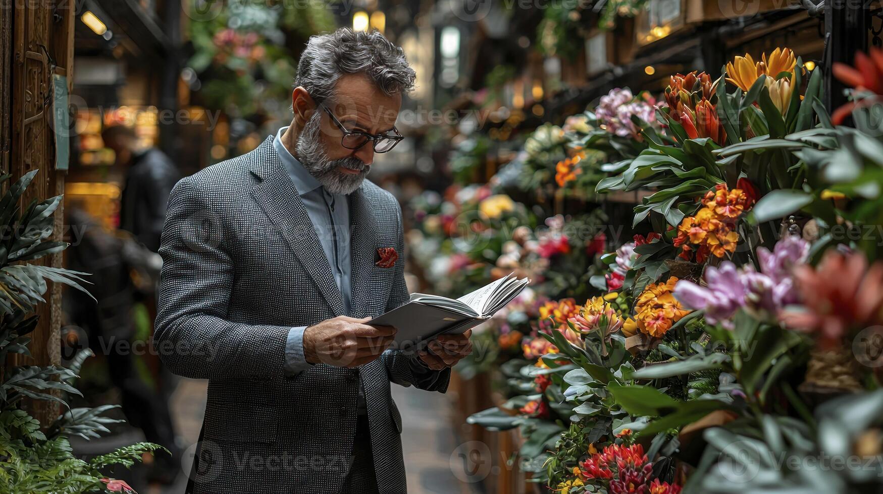 A man in a suit reading a book in a flower shop photo