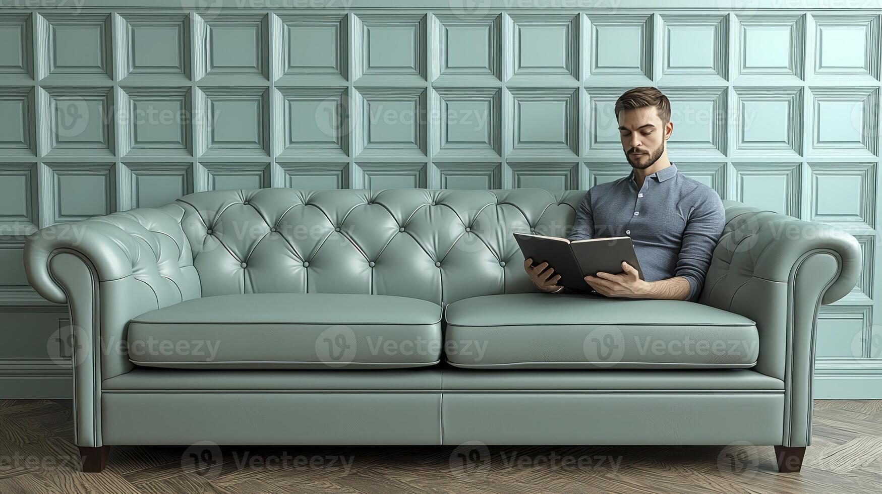 A man is sitting on a couch reading a book photo