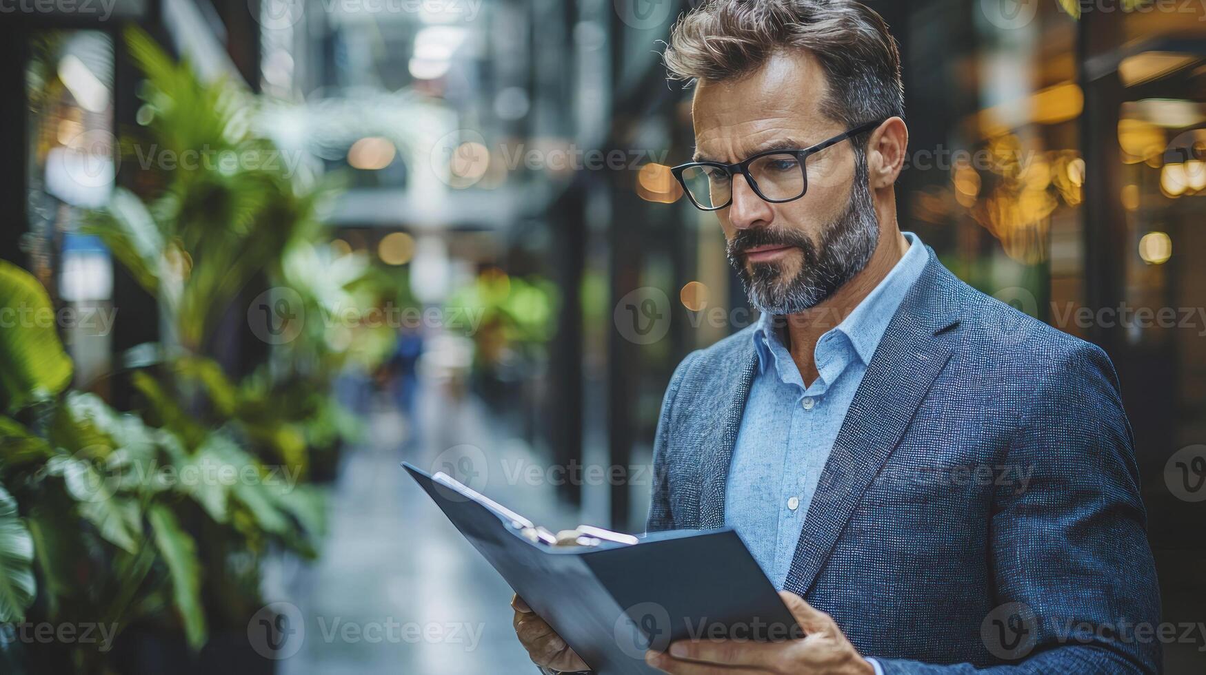 A man in glasses is reading a book in an office photo