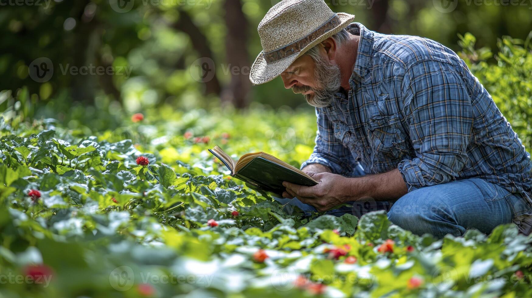 A man in a hat reading a book in a field photo