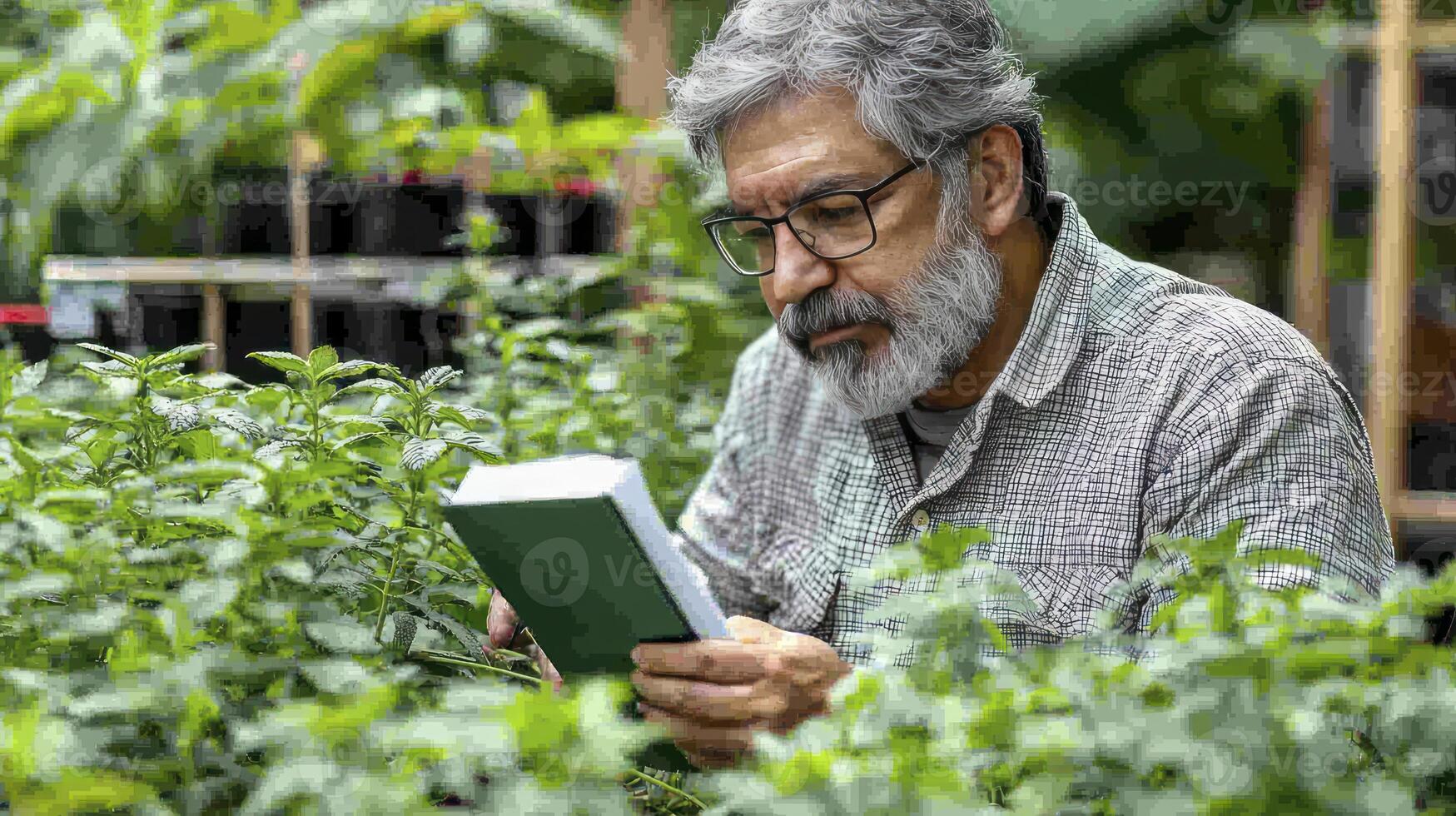 A man with a beard and glasses reading a book in a garden photo