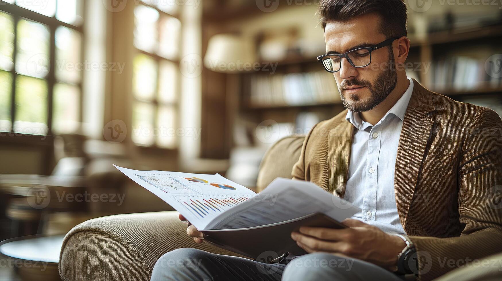A man in glasses is reading a magazine while sitting on a couch photo