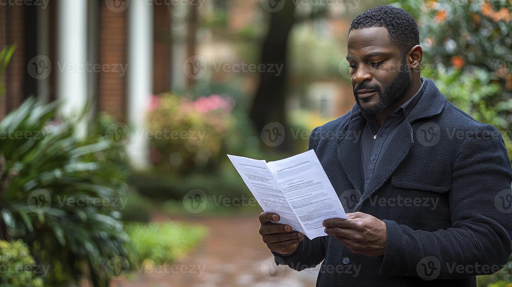 A man is reading a document outside photo