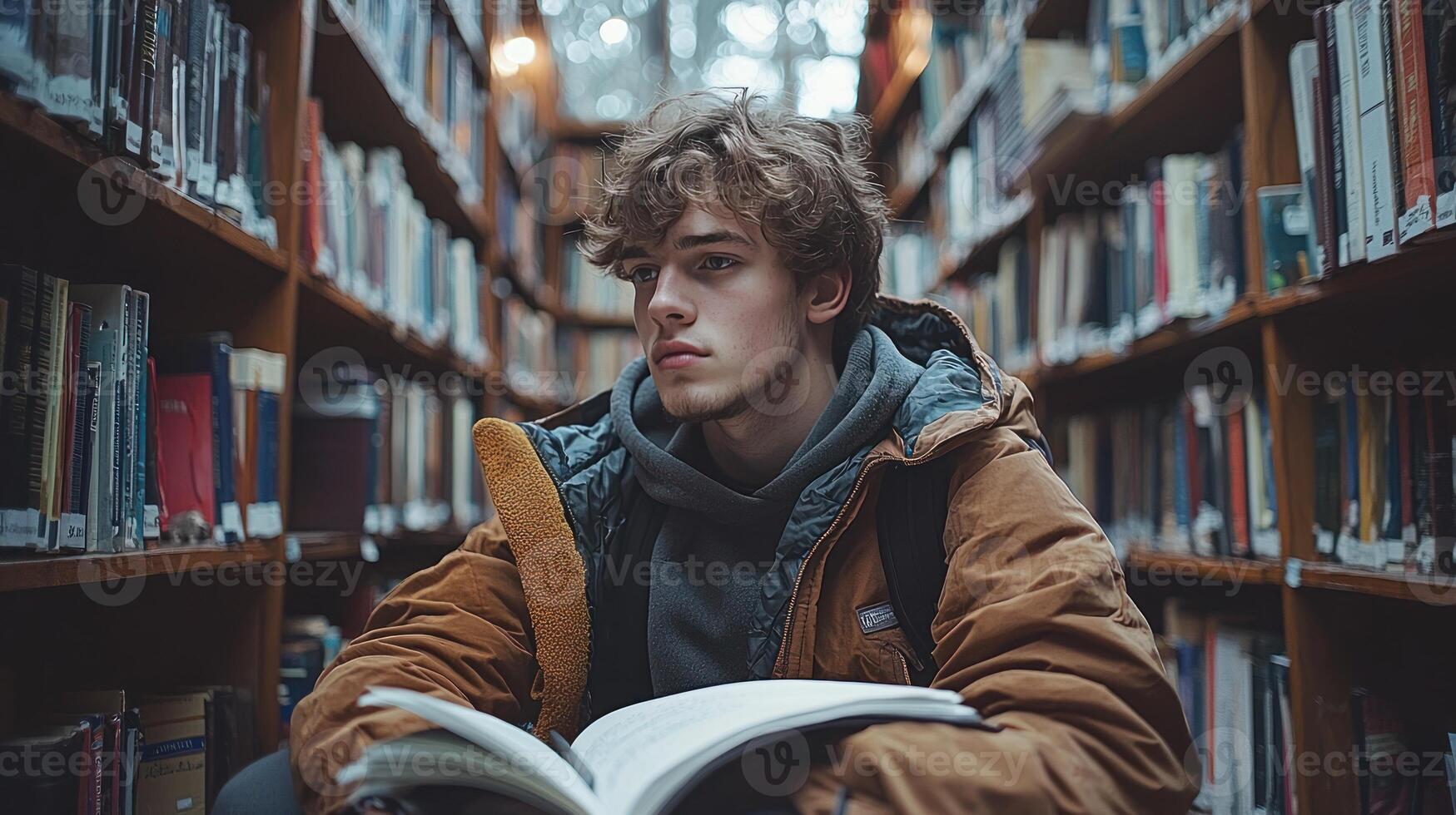 A young man is sitting in a library reading a book photo