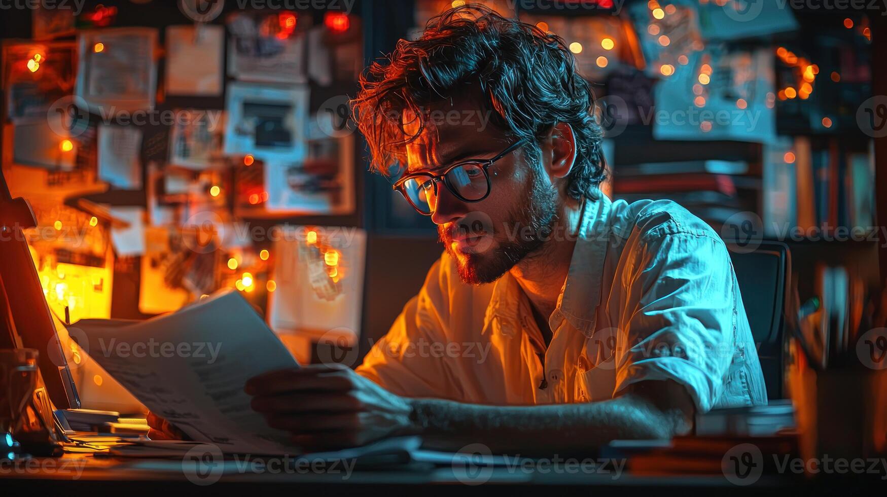 A man in glasses is reading a book at night photo