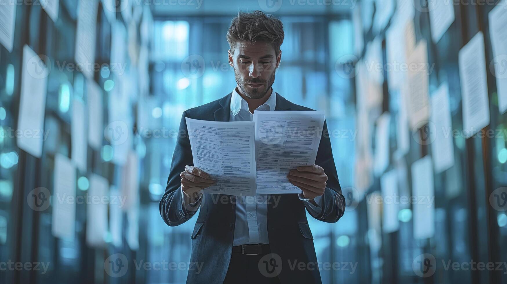 A man in a suit is reading a document photo