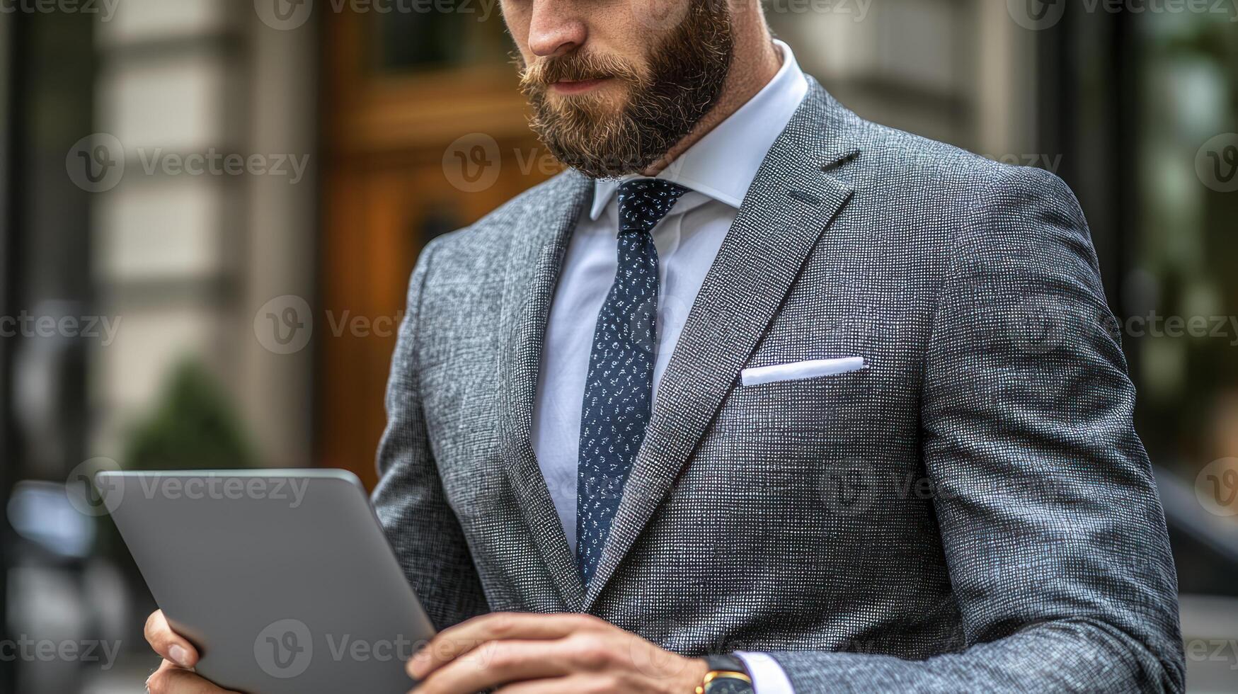 A man in a suit is holding a tablet computer photo