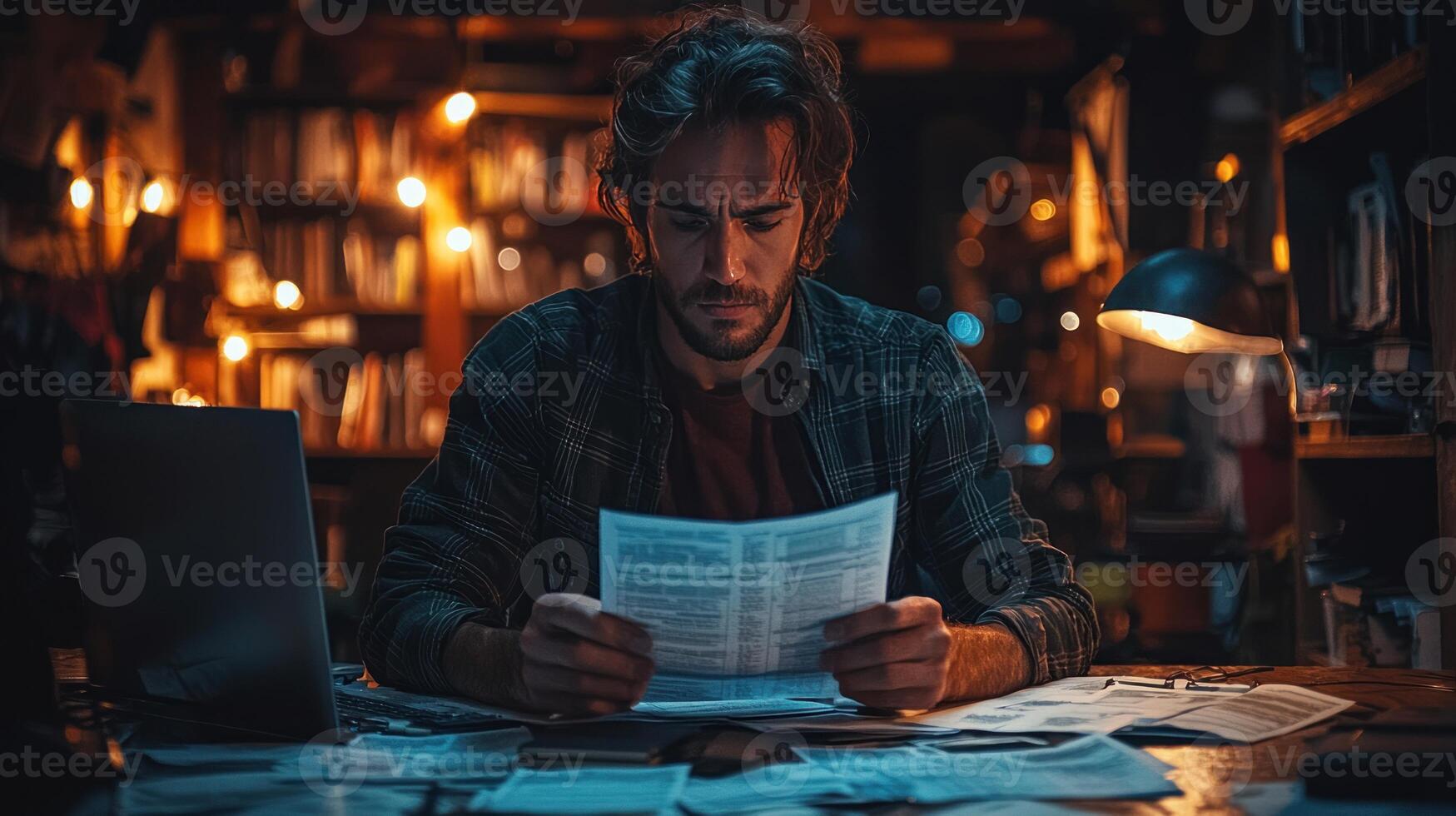Man reading a document in front of a laptop photo