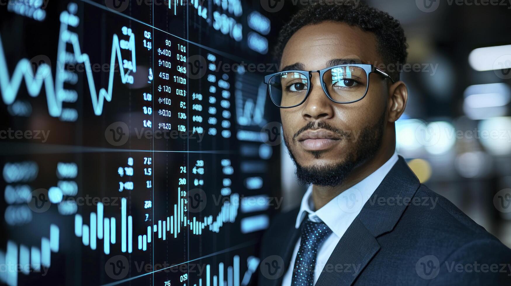 A man in a suit and glasses looking at a screen with graphs photo