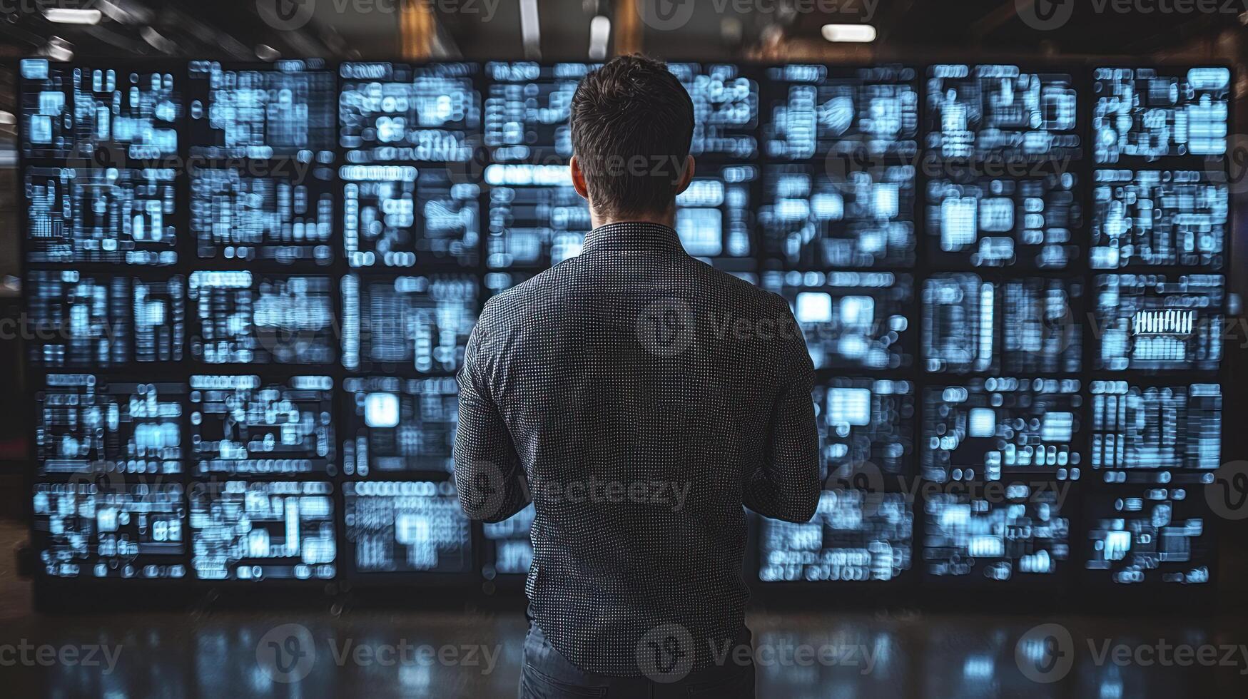 A man standing in front of a large screen with many different images photo