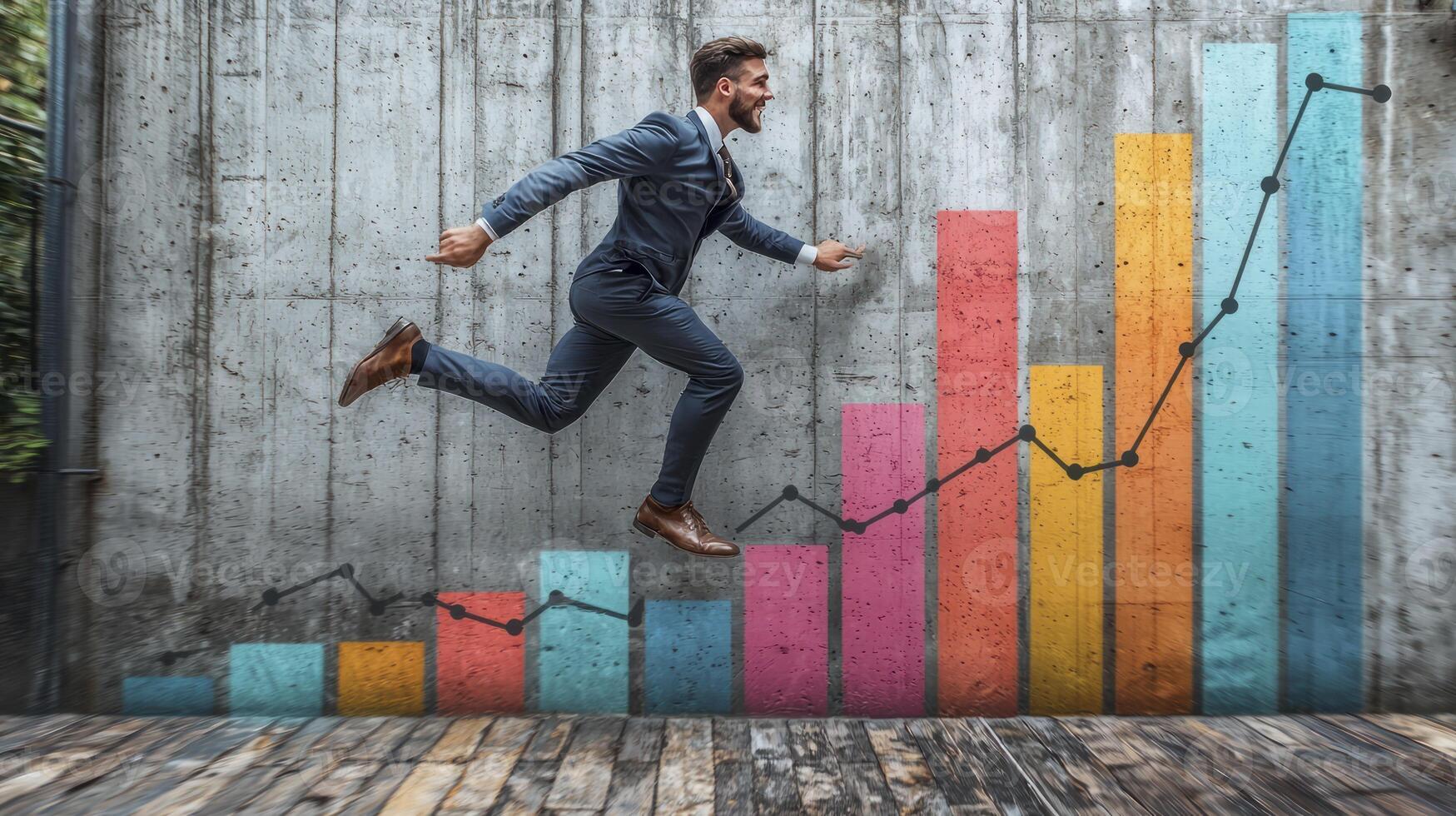 A man in a suit is running up a bar chart photo